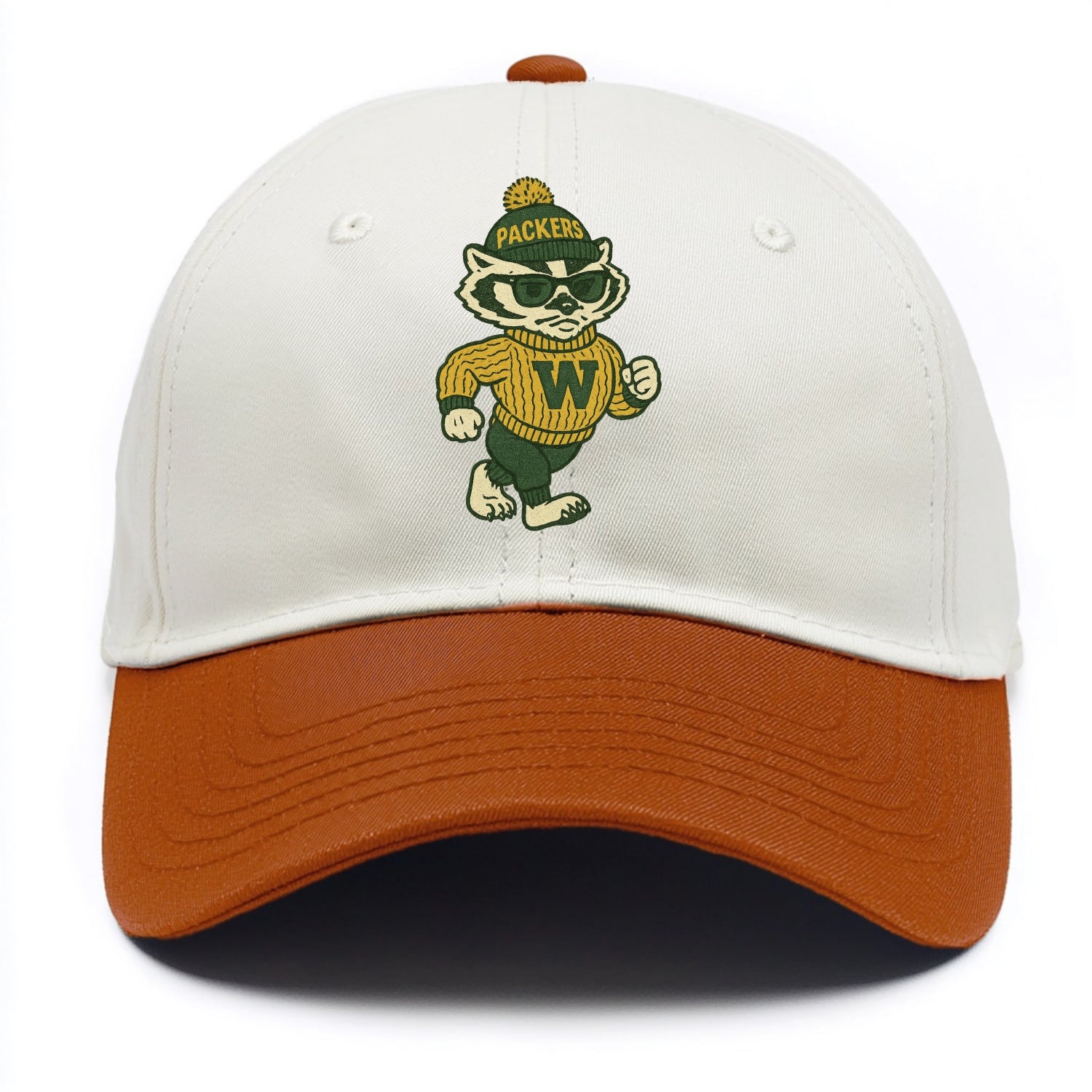 Wisconsin Badger wearing Packers green and gold beanie with pom pom and wayfarer - Two Tone Cap - Orange