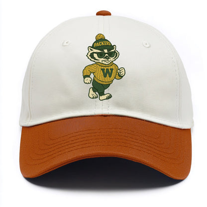 Wisconsin Badger wearing Packers green and gold beanie with pom pom and wayfarer - Two Tone Cap - Orange