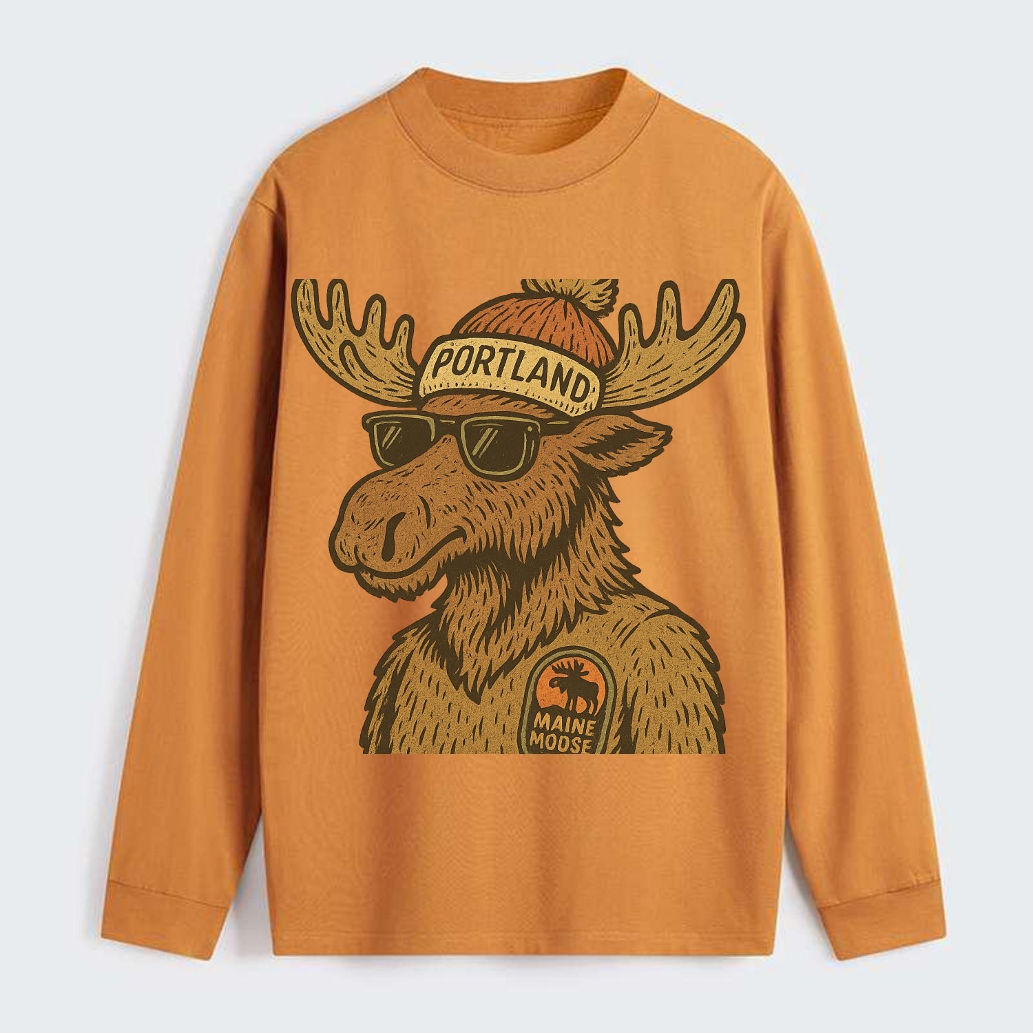 Maine Moose wearing Portland beanie with pom pom and wayfarer sunglasses - Classic Long Sleeve Shirt - Orange