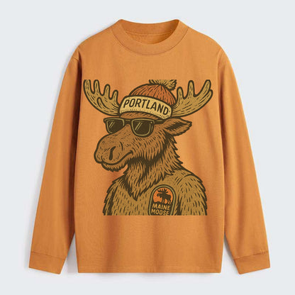 Maine Moose wearing Portland beanie with pom pom and wayfarer sunglasses - Classic Long Sleeve Shirt - Orange