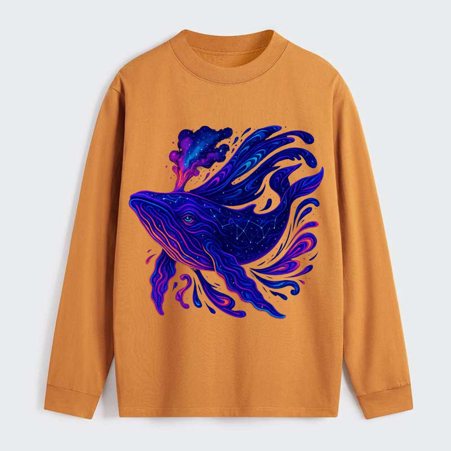 Majestic whale with body composed of galaxy clusters, stellar fins - Classic Long Sleeve Shirt - Orange