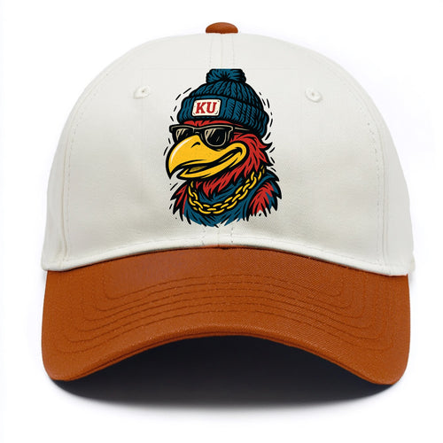 Lawrence Jayhawk wearing Kansas beanie with KU patch - Two Tone Cap