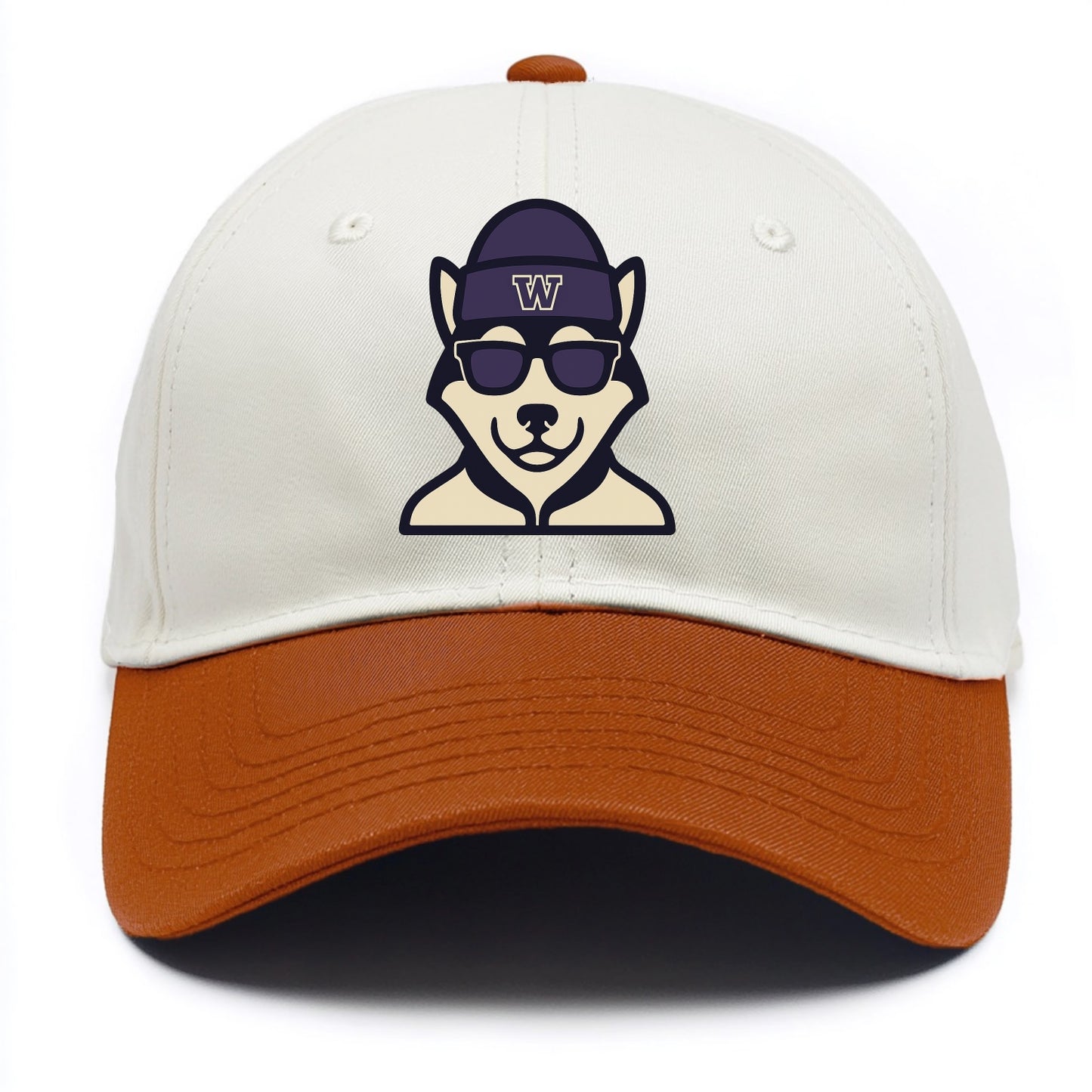 Seattle Husky wearing Washington beanie with W patch - Two Tone Cap - Orange
