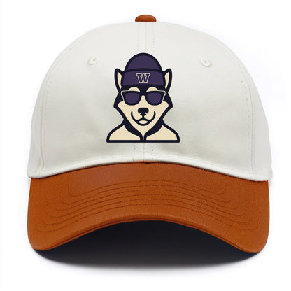 Seattle Husky wearing Washington beanie with W patch - Two Tone Cap - Orange