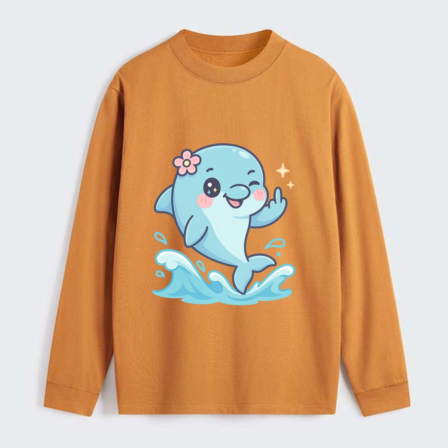 smiling dolphin jumping through ocean waves, one fin up with attitude - Classic Long Sleeve Shirt - Orange