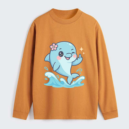 smiling dolphin jumping through ocean waves, one fin up with attitude - Classic Long Sleeve Shirt - Orange