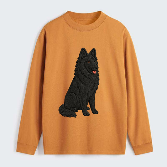 Belgian Sheepdog - Black long-haired embroidered pose - Classic Long Sleeve Shirt - Orange