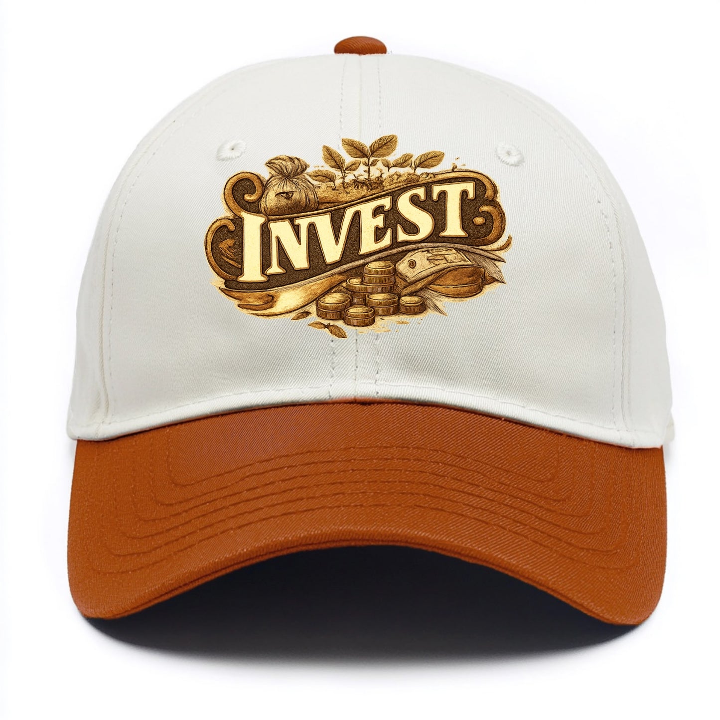 Bold typography design - "INVEST" - growing money, smart decisions - Two Tone Cap - Orange