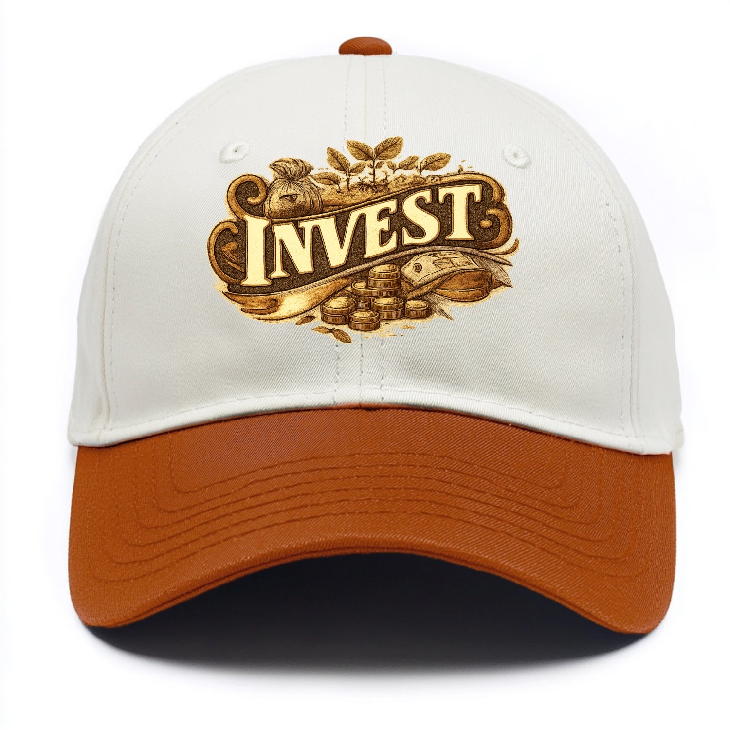 Bold typography design - "INVEST" - growing money, smart decisions - Two Tone Cap - Orange