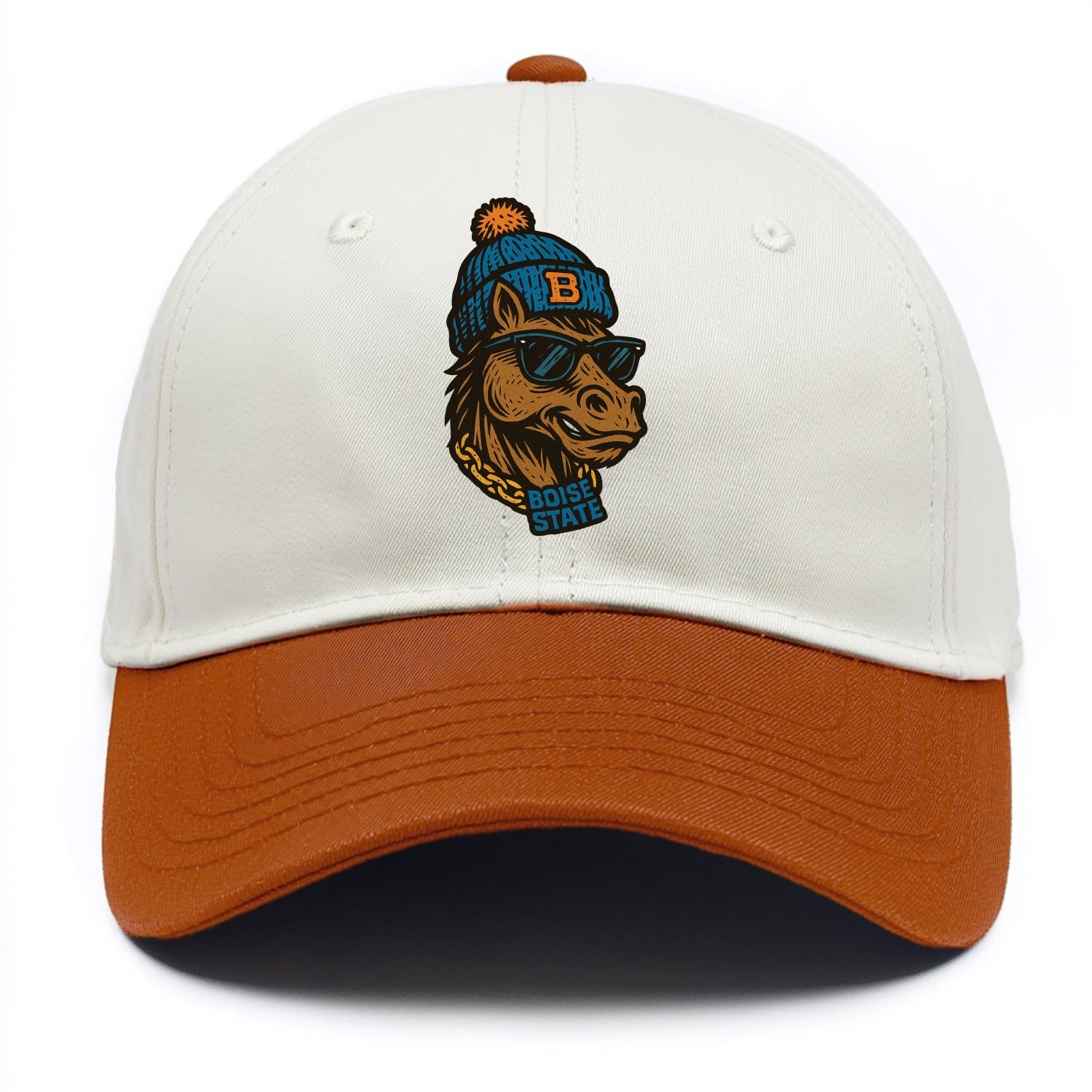 Boise Bronco wearing Boise State beanie with B patch - Two Tone Cap - Orange