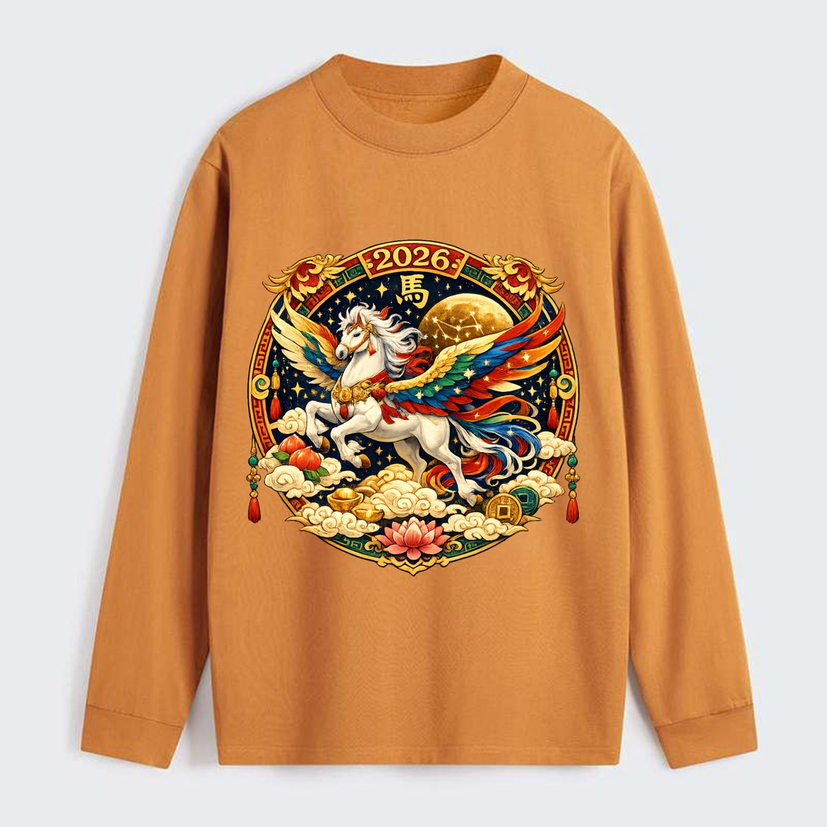 CELESTIAL HORSE | Heavenly horse among clouds and stars | Wings of - Classic Long Sleeve Shirt - Orange