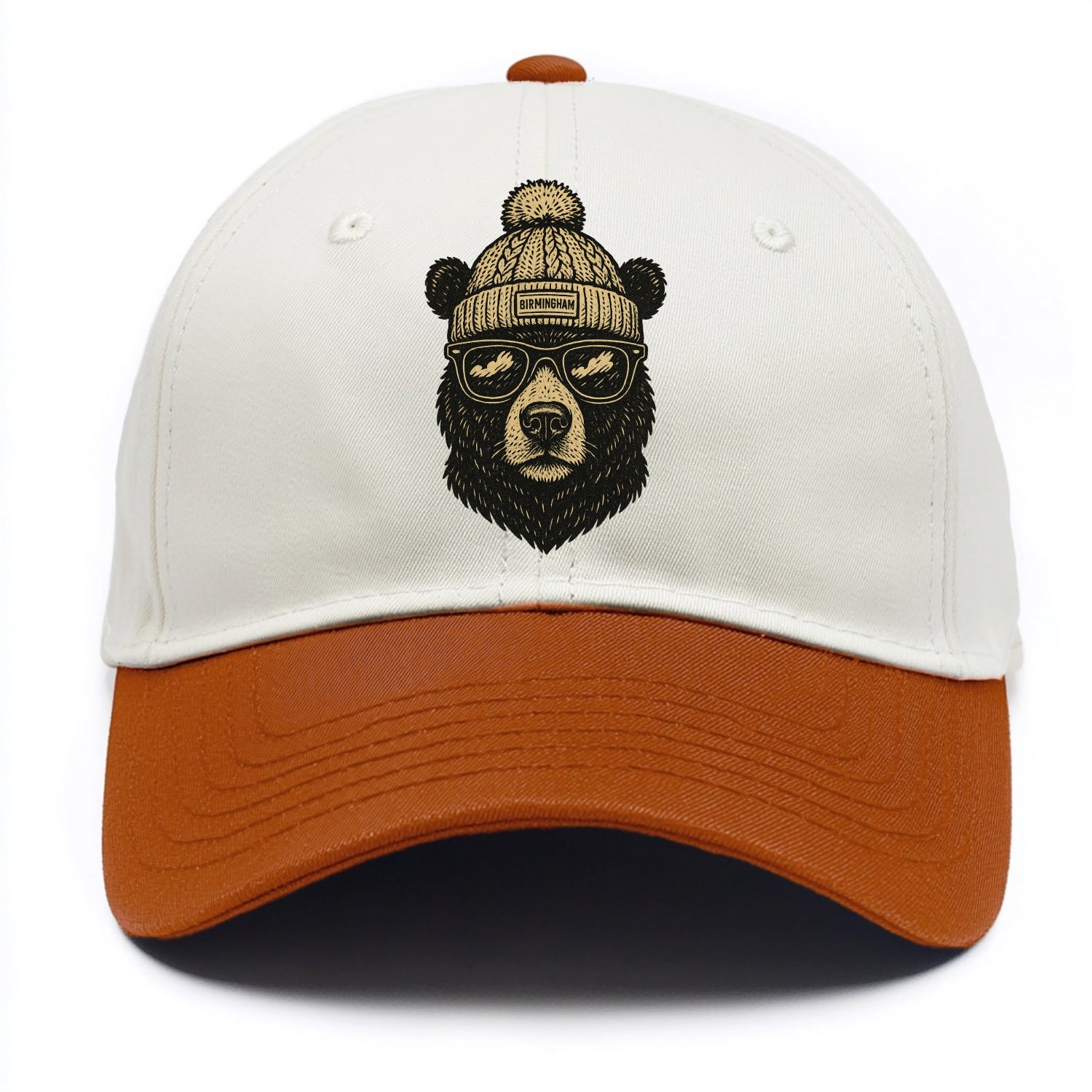 Alabama Black Bear wearing Birmingham beanie with pom pom and wayfarer sunglasses - Two Tone Cap - Orange