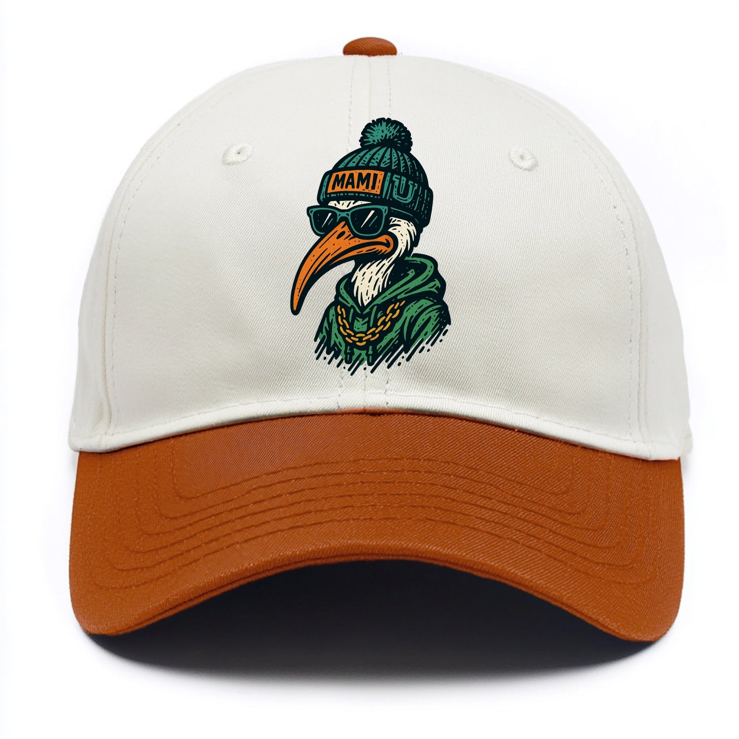 Coral Gables Ibis wearing Miami beanie with U patch - Two Tone Cap - Orange