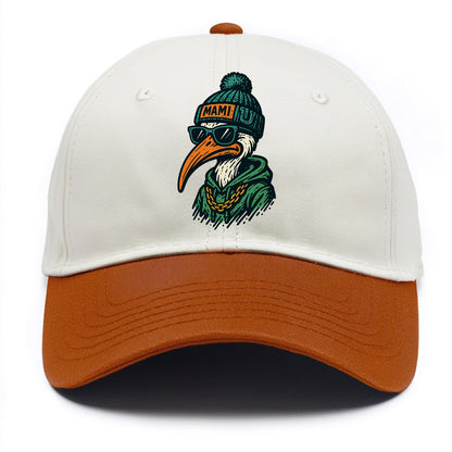 Coral Gables Ibis wearing Miami beanie with U patch - Two Tone Cap - Orange