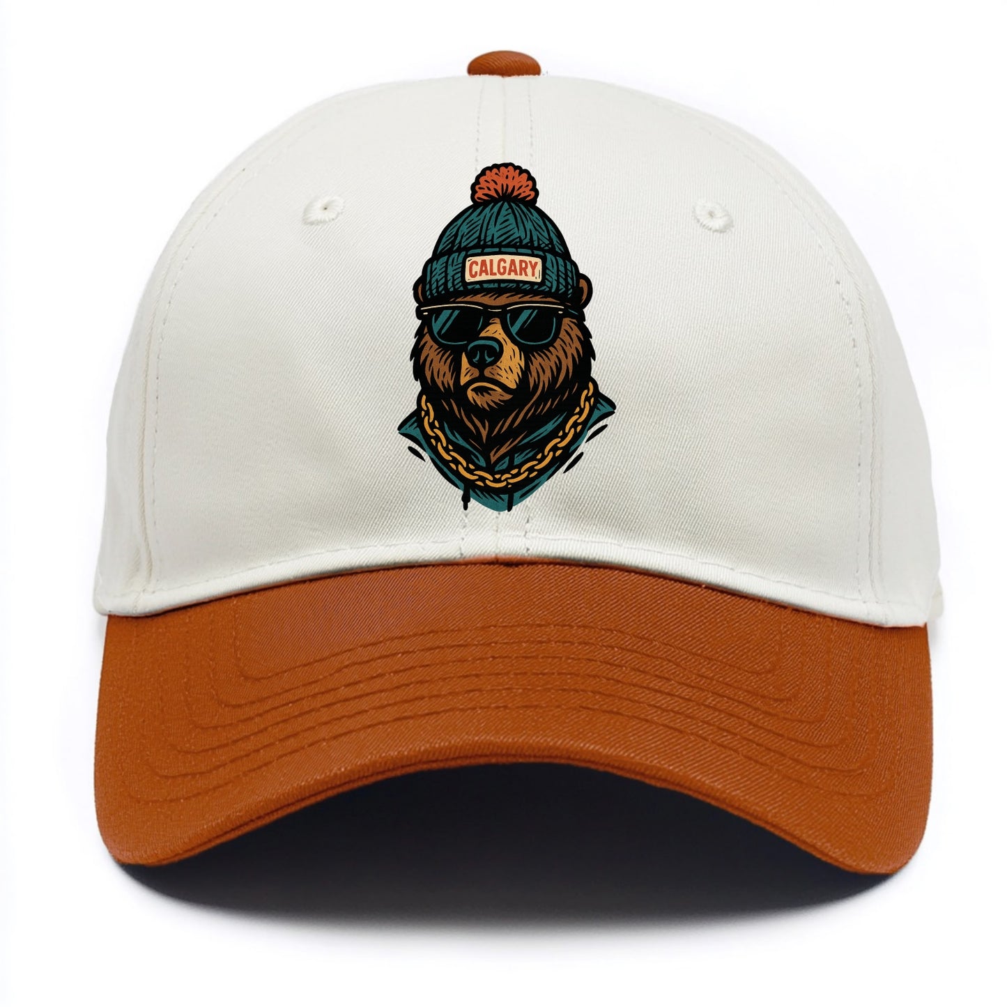 Calgary Grizzly Bear wearing Calgary beanie with pom pom and wayfarer sunglasses - Two Tone Cap - Orange