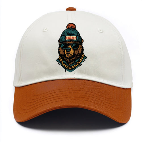 Calgary Grizzly Bear wearing Calgary beanie with pom pom and wayfarer sunglasses - Two Tone Cap