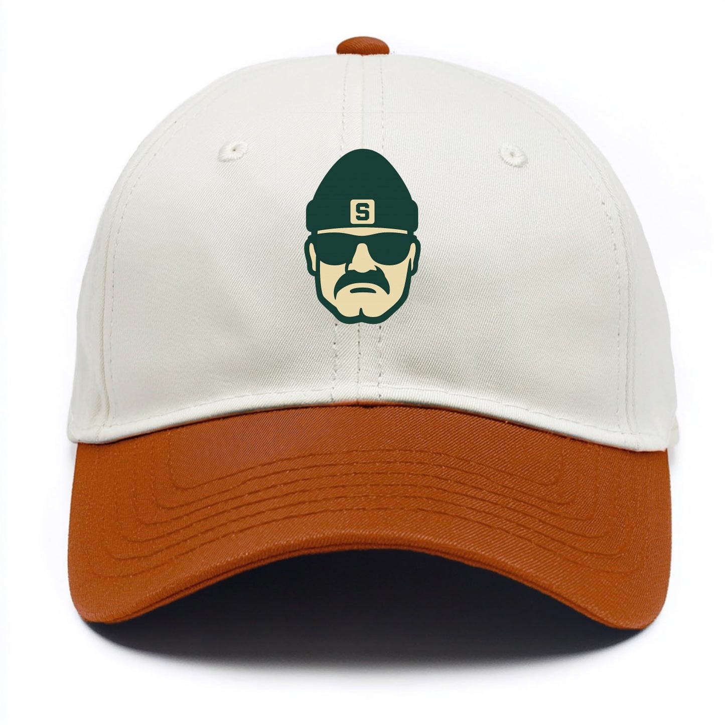 East Lansing Spartan wearing Michigan State beanie with S patch - Two Tone Cap - Orange