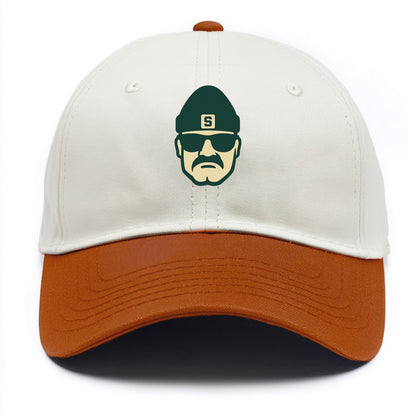 East Lansing Spartan wearing Michigan State beanie with S patch - Two Tone Cap - Orange