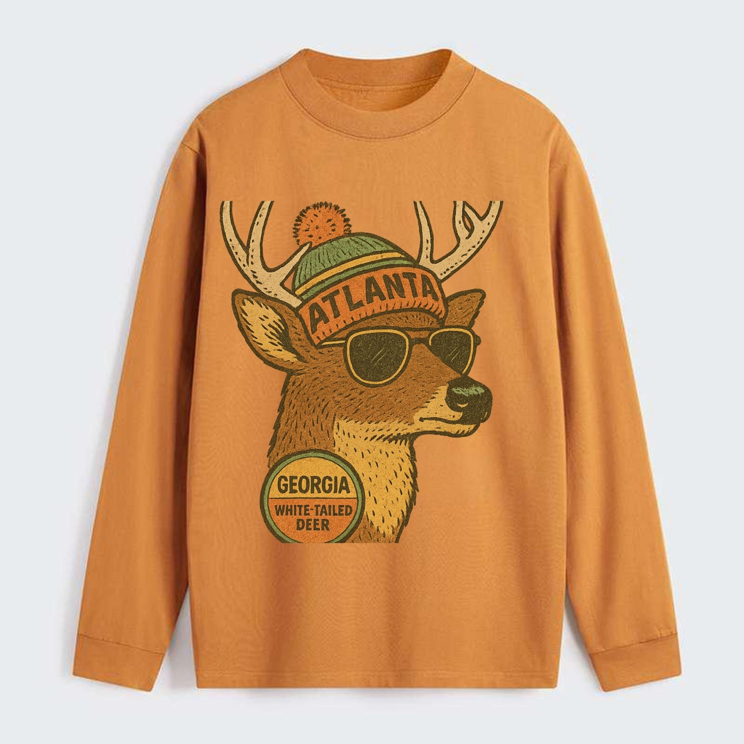 Georgia White-tailed Deer wearing Atlanta beanie with pom pom and - Classic Long Sleeve Shirt - Orange