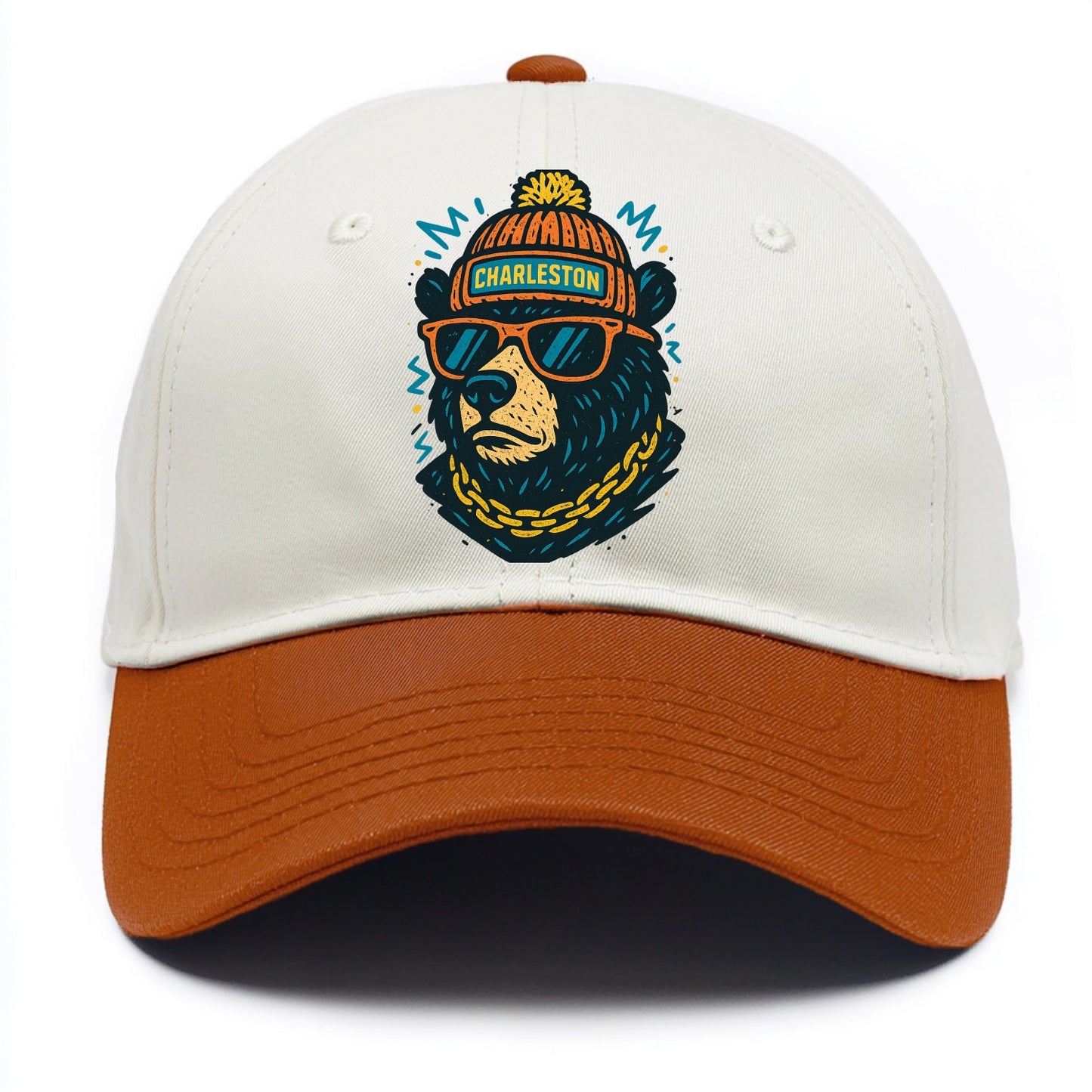 West Virginia Black Bear wearing Charleston beanie with pom pom and wayfarer - Two Tone Cap - Orange