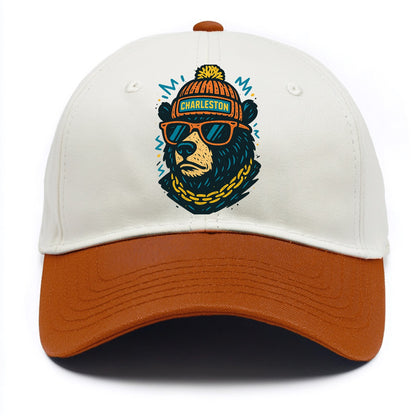 West Virginia Black Bear wearing Charleston beanie with pom pom and wayfarer - Two Tone Cap - Orange