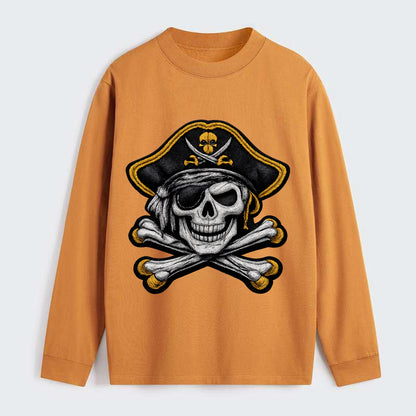 PIRATE SKULL - Jolly Roger skull in black and white , pirate - Classic Long Sleeve Shirt - Orange