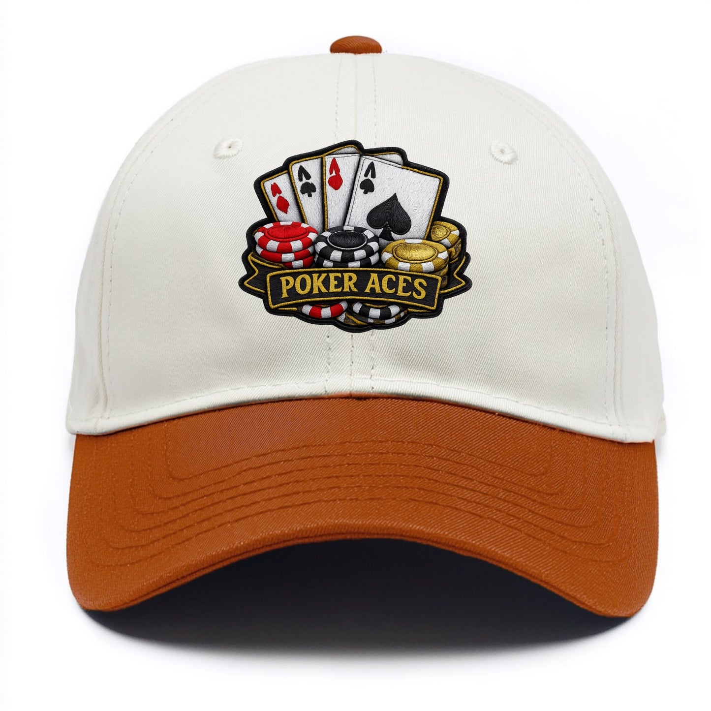 Embroidered patch design - POKER ACES - four aces with chips in red, black and gold - Two Tone Cap - Orange