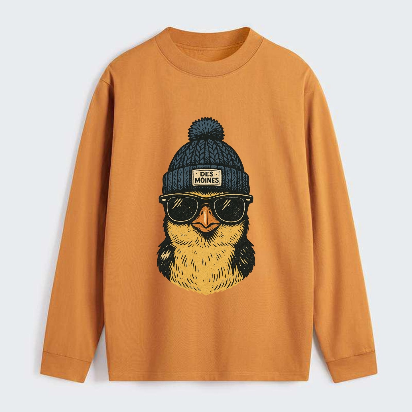 Iowa Goldfinch wearing Des Moines beanie with pom pom and wayfarer - Classic Long Sleeve Shirt - Orange