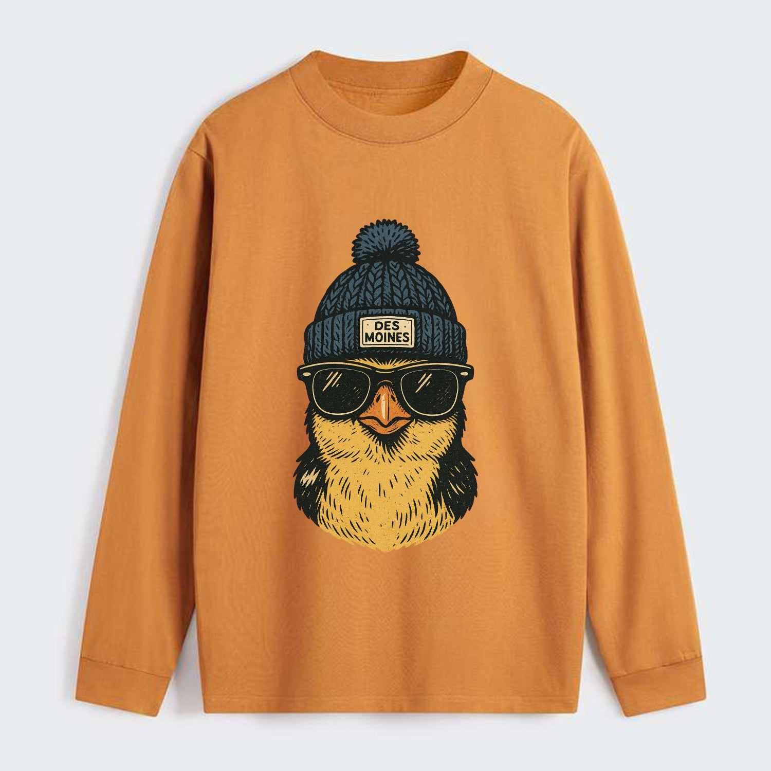 Iowa Goldfinch wearing Des Moines beanie with pom pom and wayfarer - Classic Long Sleeve Shirt - Orange