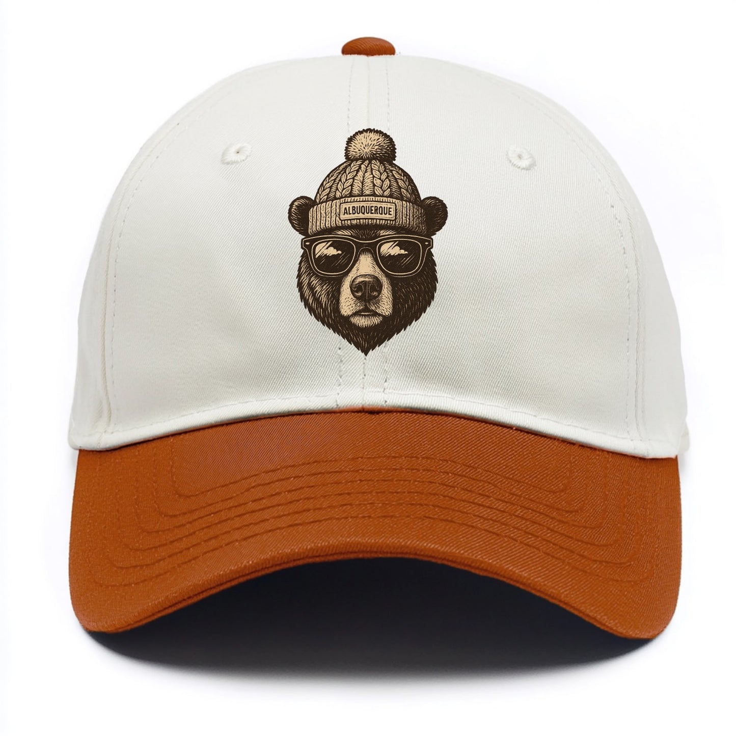New Mexico Black Bear wearing Albuquerque beanie with pom pom and wayfarer sunglasses - Two Tone Cap - Orange