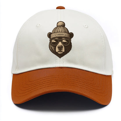 New Mexico Black Bear wearing Albuquerque beanie with pom pom and wayfarer sunglasses - Two Tone Cap - Orange