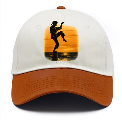 karate crane kick pose on wooden post at beach sunset - Two Tone Cap - Orange