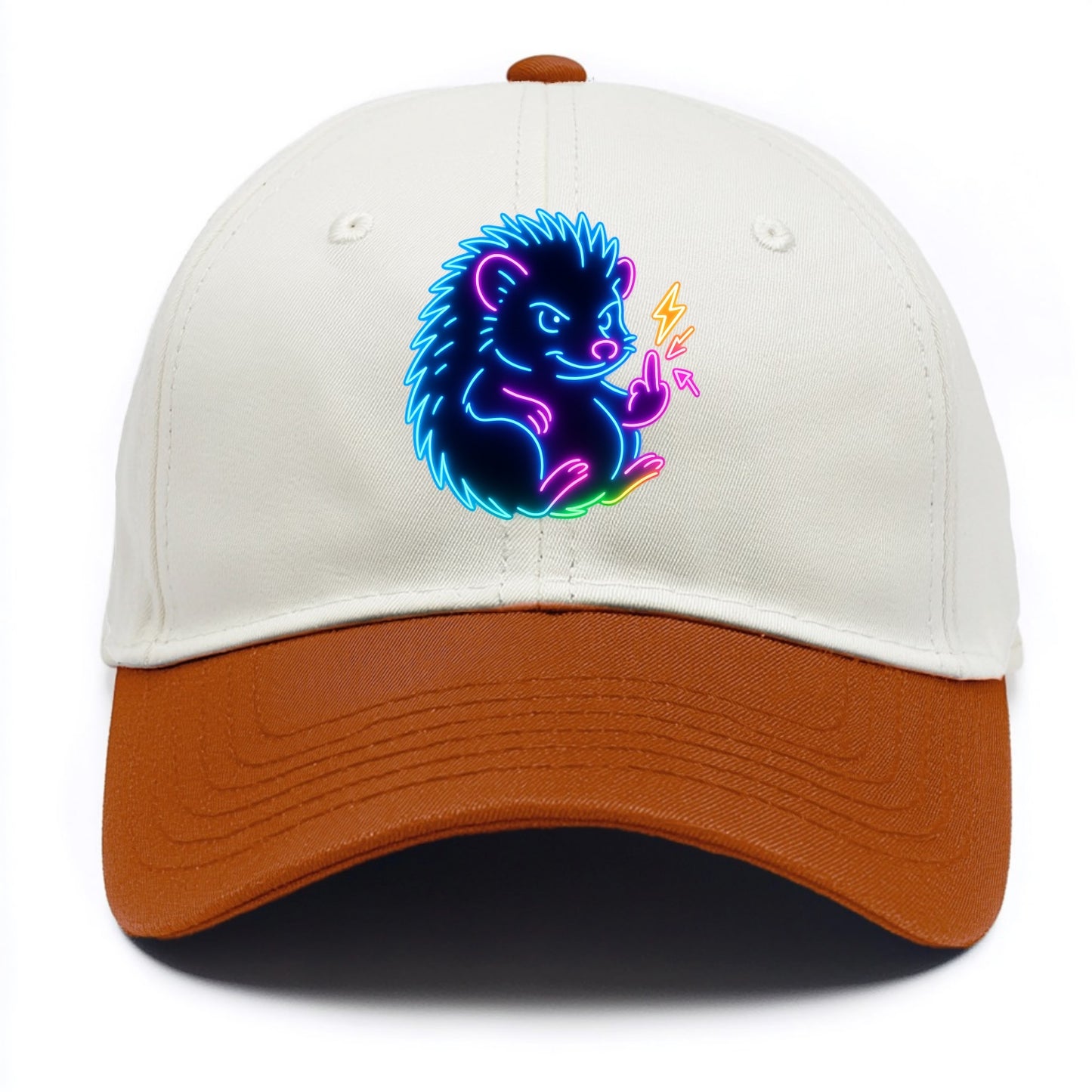 tiny hedgehog curled up slightly, one little paw raised flipping the bird - Two Tone Cap - Orange