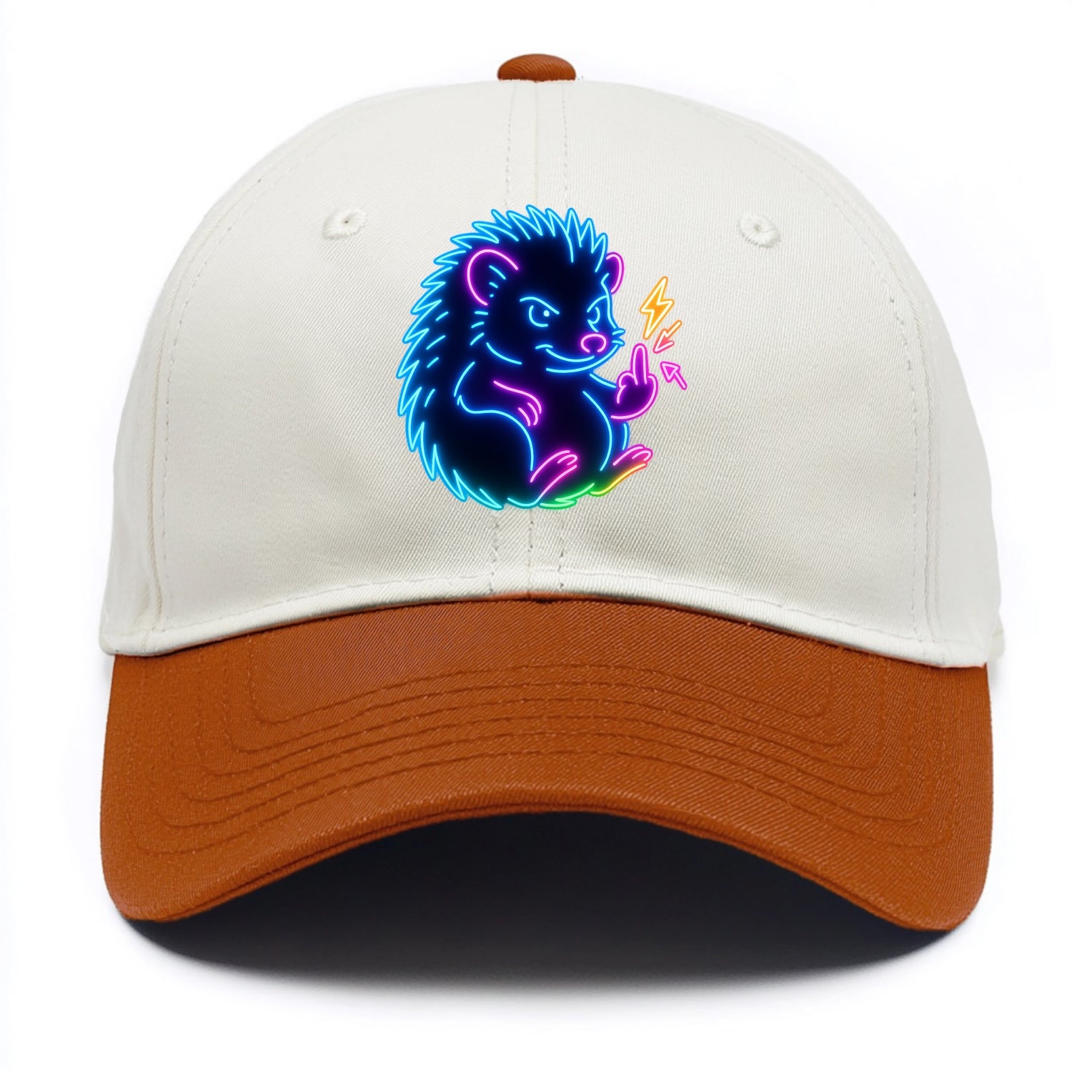 tiny hedgehog curled up slightly, one little paw raised flipping the bird - Two Tone Cap - Orange