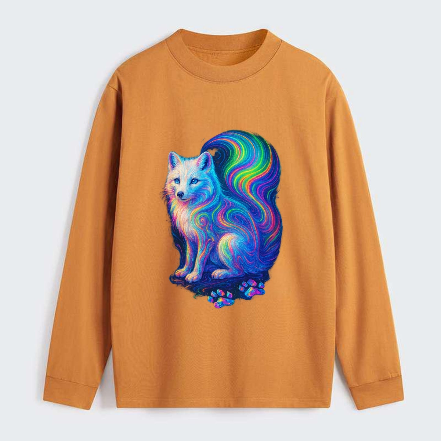 Graceful arctic fox with tail streaming aurora colors, white fur with - Classic Long Sleeve Shirt - Orange