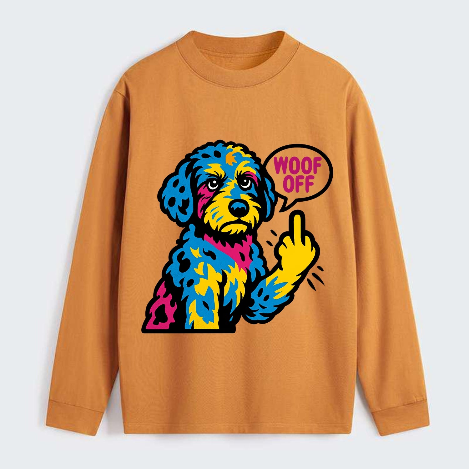 Aussiedoodle with merle patches and curly coat, playful smart paw raised - Classic Long Sleeve Shirt - Orange