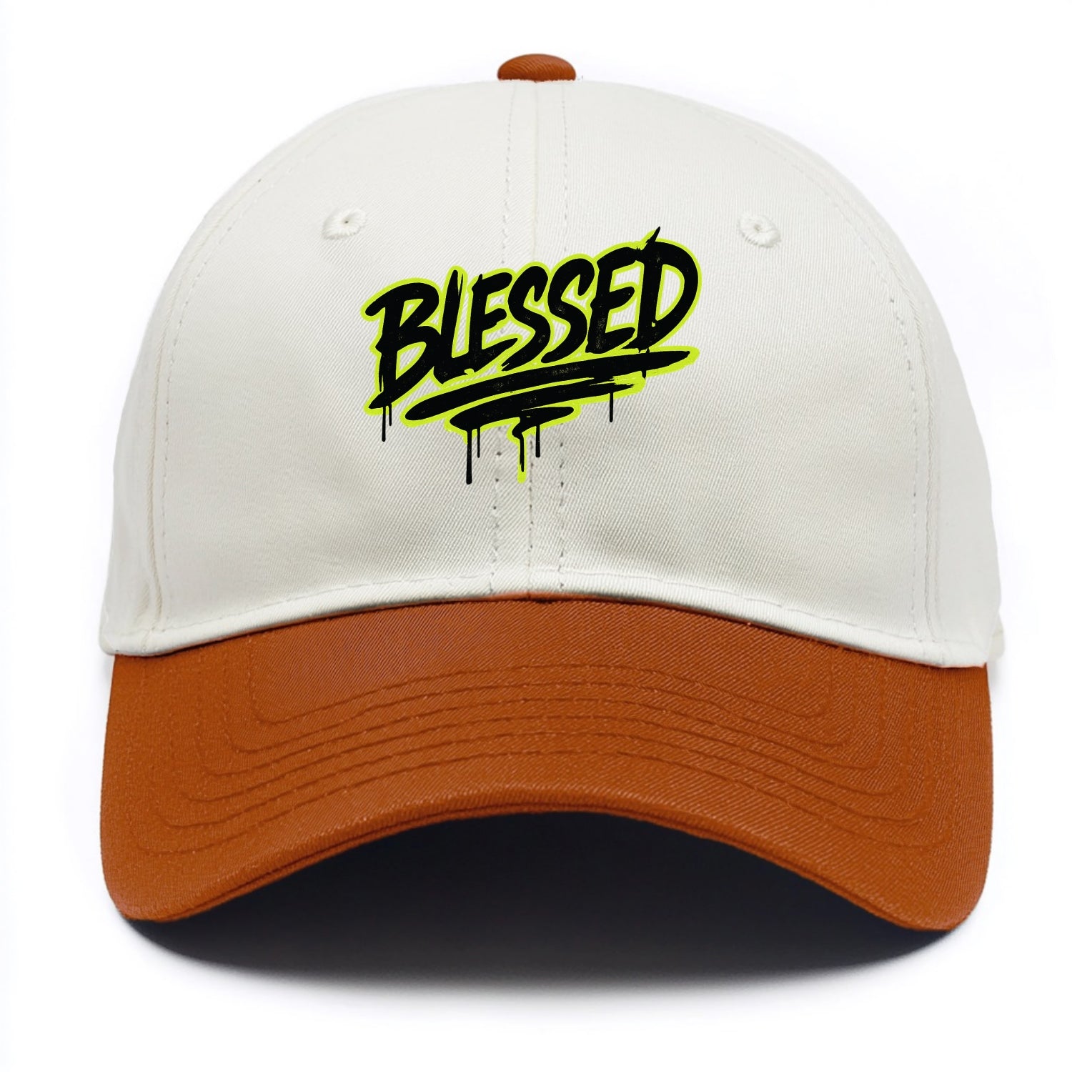 Bold typography design - "BLESSED" - recognizing good fortune, abundance - Two Tone Cap - Orange