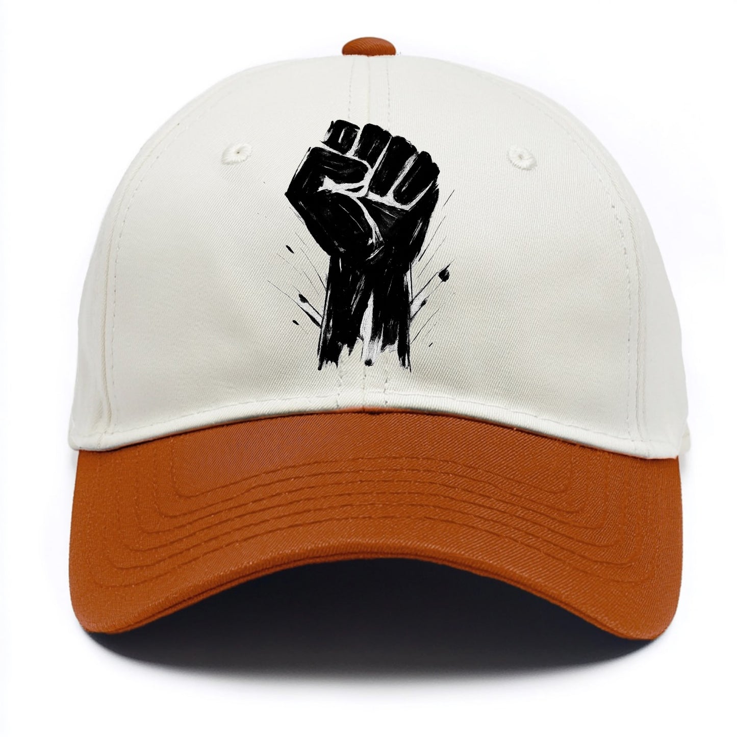 Raised fist in bold black ink brushstrokes - symbol of solidarity and resistance - Two Tone Cap - Orange
