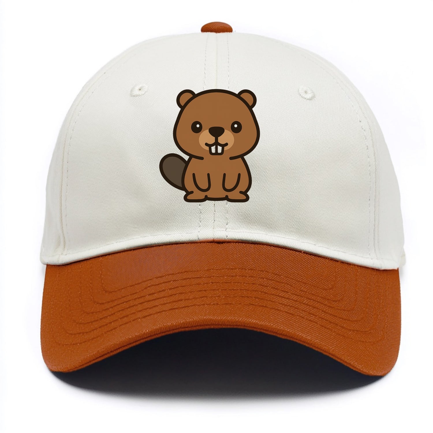 Baby Beaver - brown fur, paddle tail, buck teeth, friendly eyes, front-facing, - Two Tone Cap - Orange