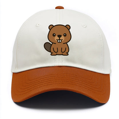 Baby Beaver - brown fur, paddle tail, buck teeth, friendly eyes, front-facing, - Two Tone Cap - Orange