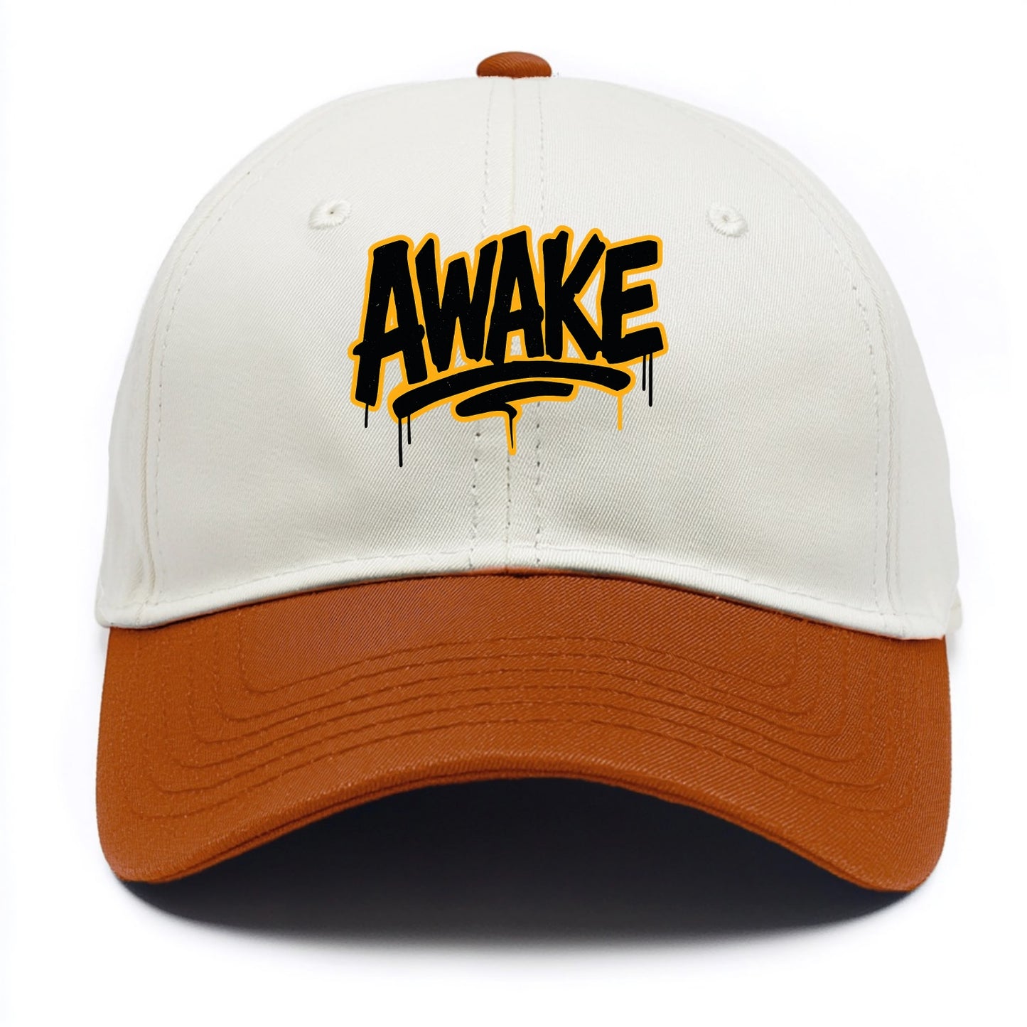 Bold typography design - "AWAKE" - conscious, aware, alert - Two Tone Cap - Orange