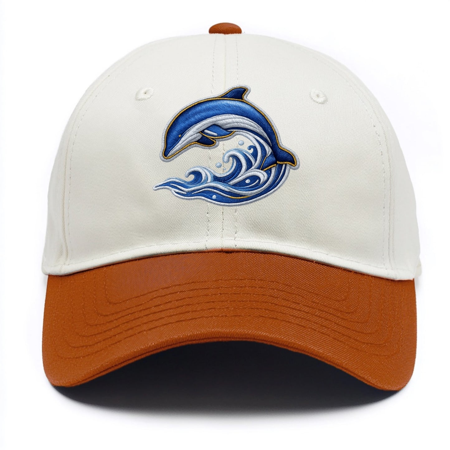 Embroidered patch design - SWIMMING DOLPHIN - diving dolphin with waves in blue and - Two Tone Cap - Orange