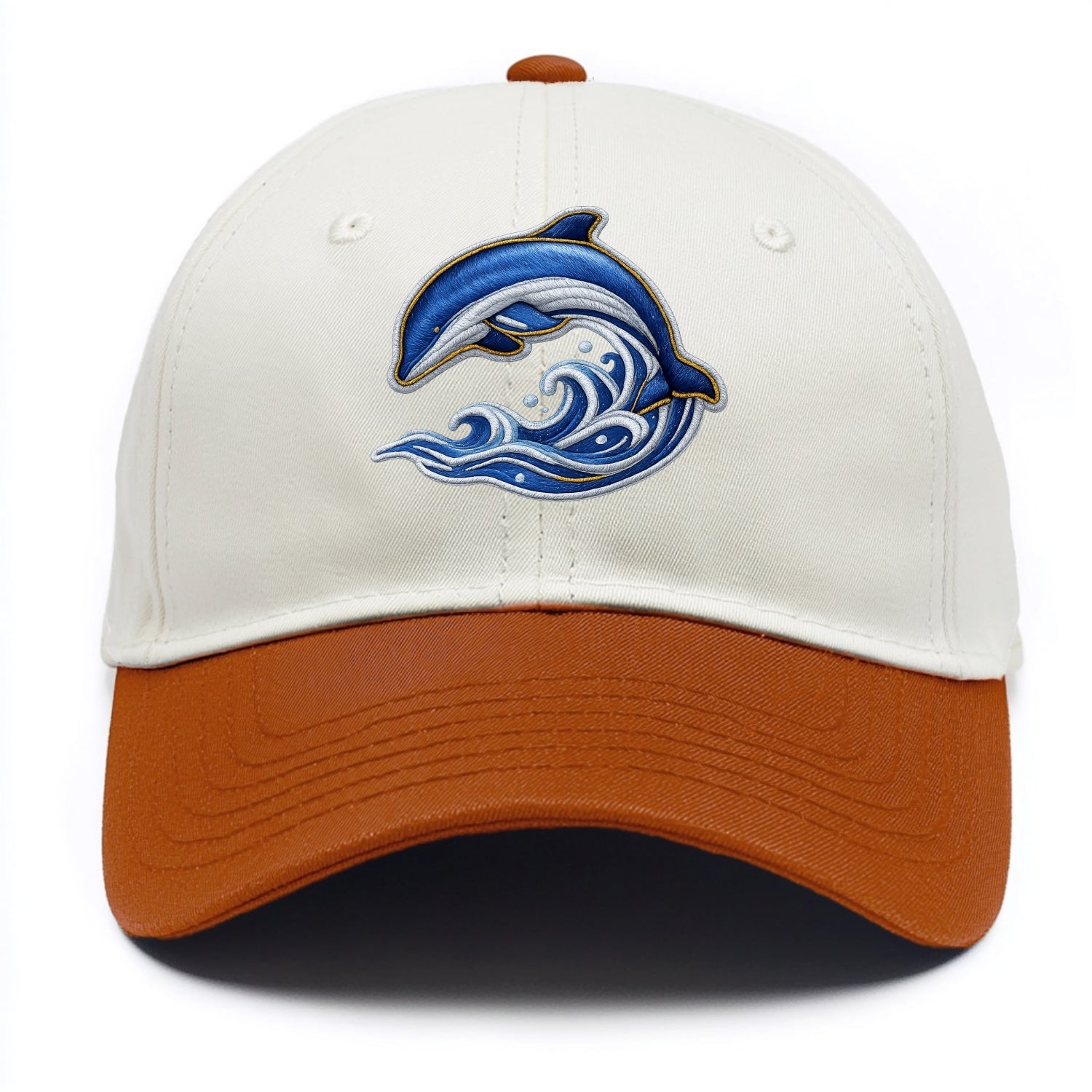 Embroidered patch design - SWIMMING DOLPHIN - diving dolphin with waves in blue and - Two Tone Cap - Orange