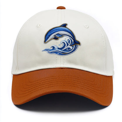 Embroidered patch design - SWIMMING DOLPHIN - diving dolphin with waves in blue and - Two Tone Cap - Orange