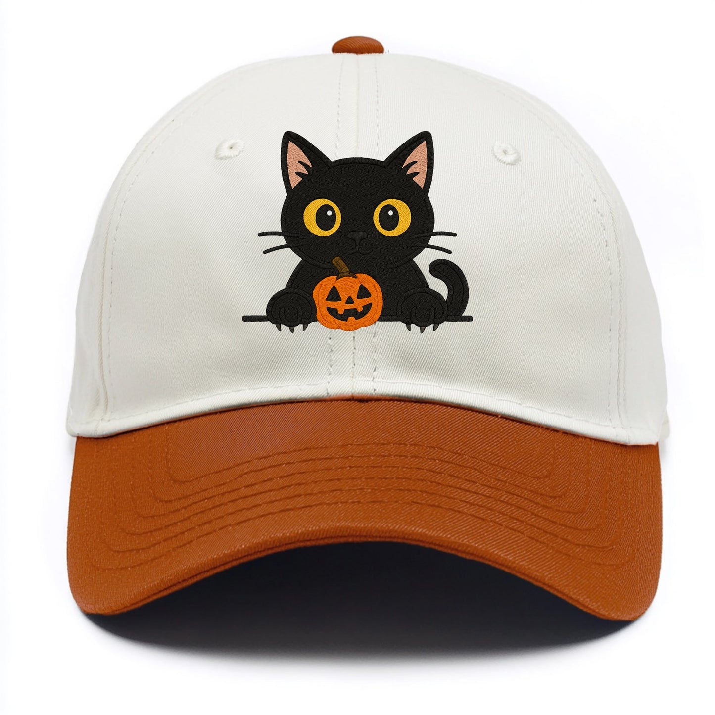 Midnight the black cat wearing round spectacles while studying the viewer. - Two Tone Cap - Orange