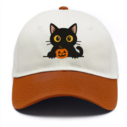 Midnight the black cat wearing round spectacles while studying the viewer. - Two Tone Cap - Orange