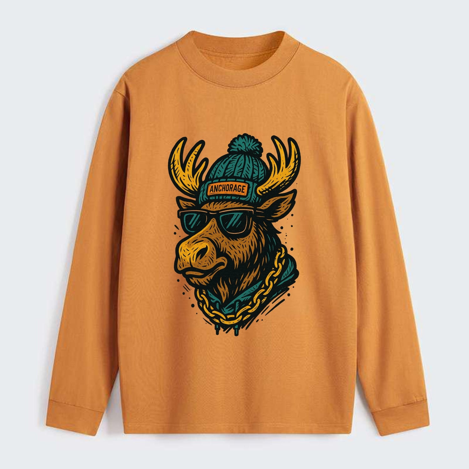 Alaska Moose wearing Anchorage beanie with pom pom and wayfarer - Classic Long Sleeve Shirt - Orange