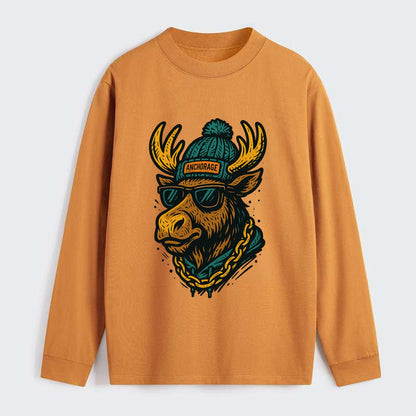 Alaska Moose wearing Anchorage beanie with pom pom and wayfarer - Classic Long Sleeve Shirt - Orange