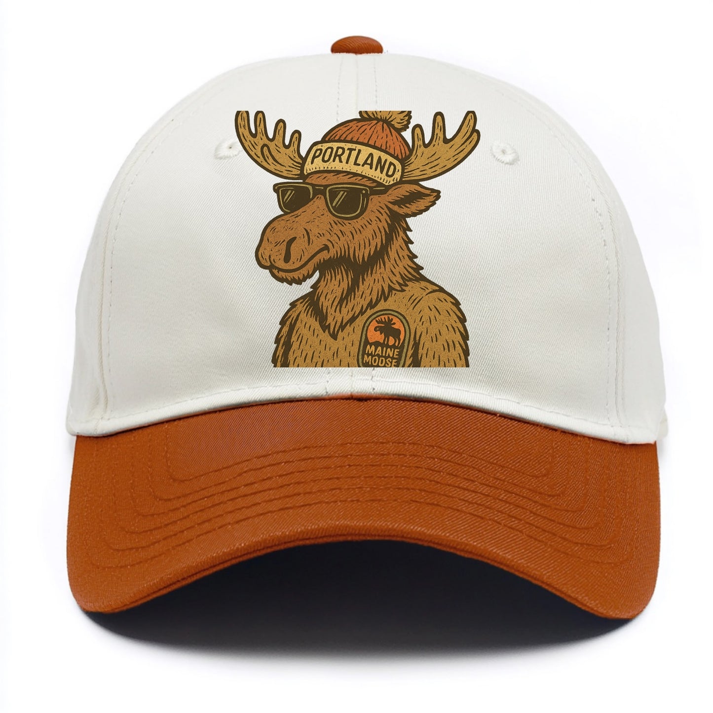 Maine Moose wearing Portland beanie with pom pom and wayfarer sunglasses - Two Tone Cap - Orange