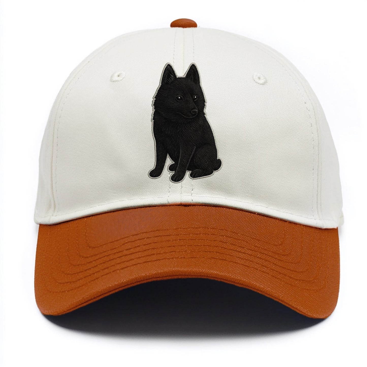 Schipperke - Solid black small embroidered sitting pose - Two Tone Cap - Orange